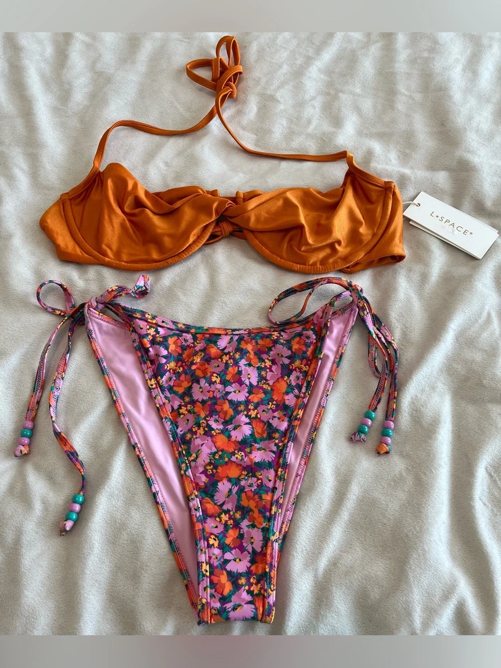 L*Space Bikini Set Toni Top & Levy Bitsy Bottom Large Orange Floral Resortwear
